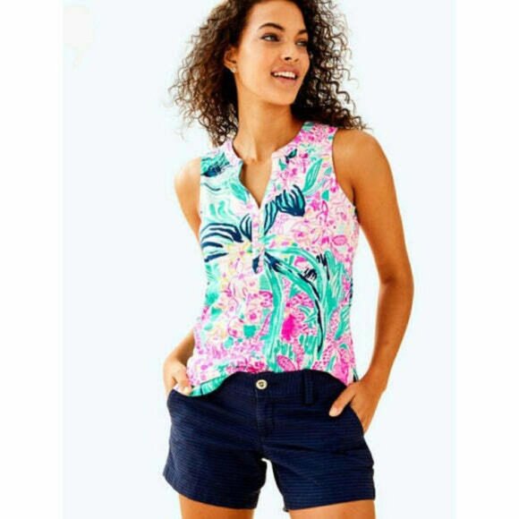 Lilly Pulitzer Tops - Lilly Pulitzer Essie Smocked Blouse Tank Top Printed Beach Cotton XS New